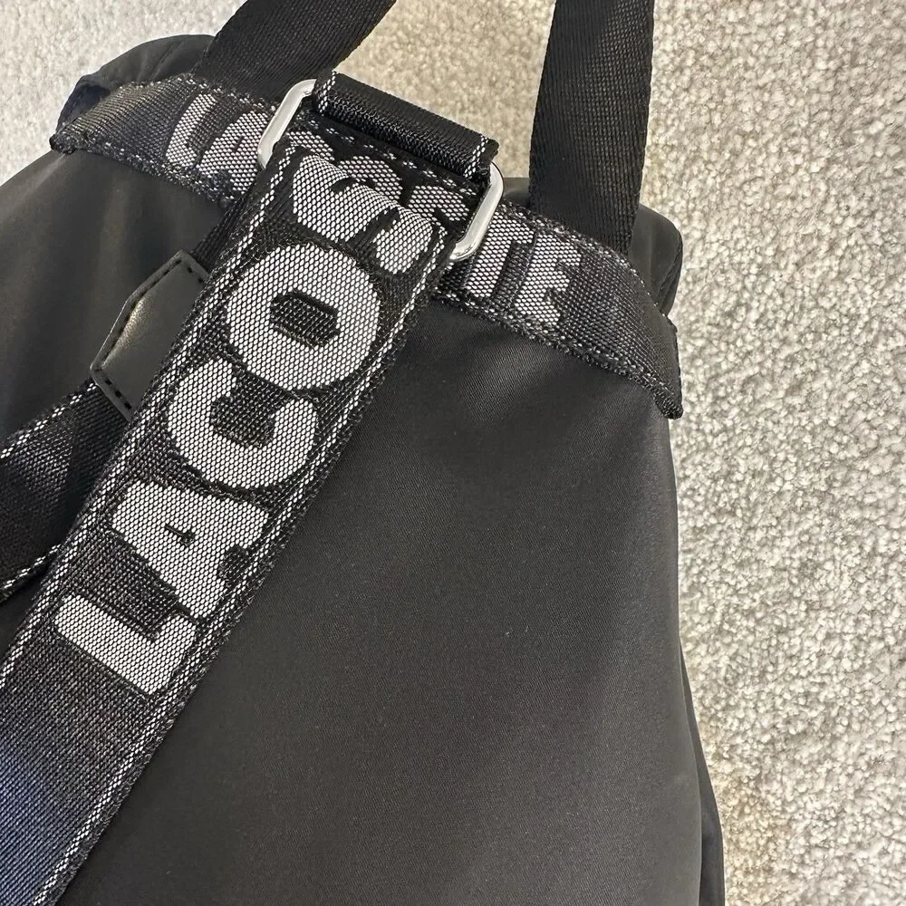 Lacoste Women's Solid Black Cinch Flap Nylon Bag Backpack